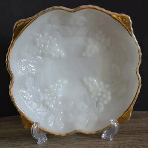 Vtg Milk Glass dish  with gold edge